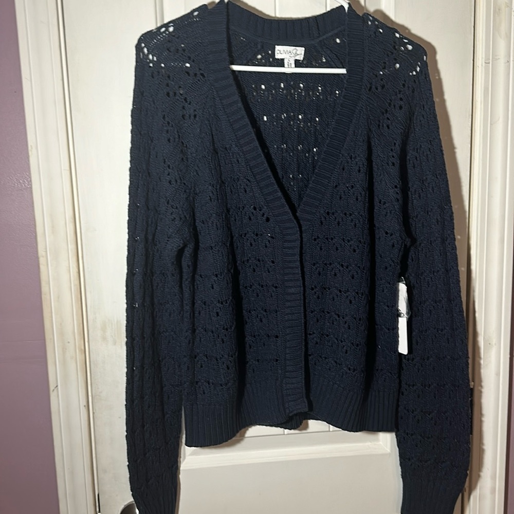 Olivia Sky Women Navy Blue knit Cardigan Sz L Nwt
